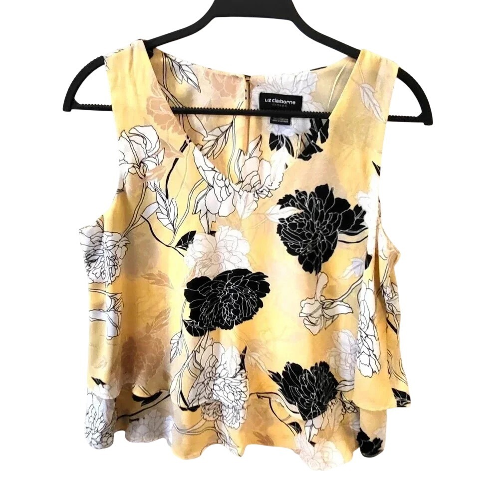 Liz Claiborne Career Yellow Floral Layered Sleeveless V-Neck Blouse Top M